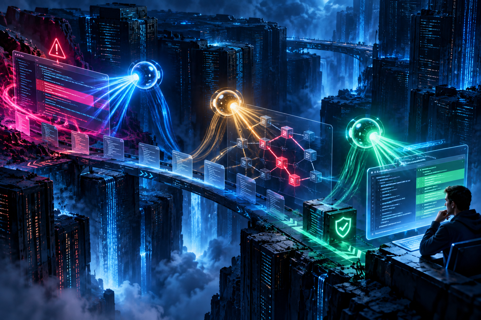 AI security agents scanning code, validating attack paths, and presenting a fix for human review