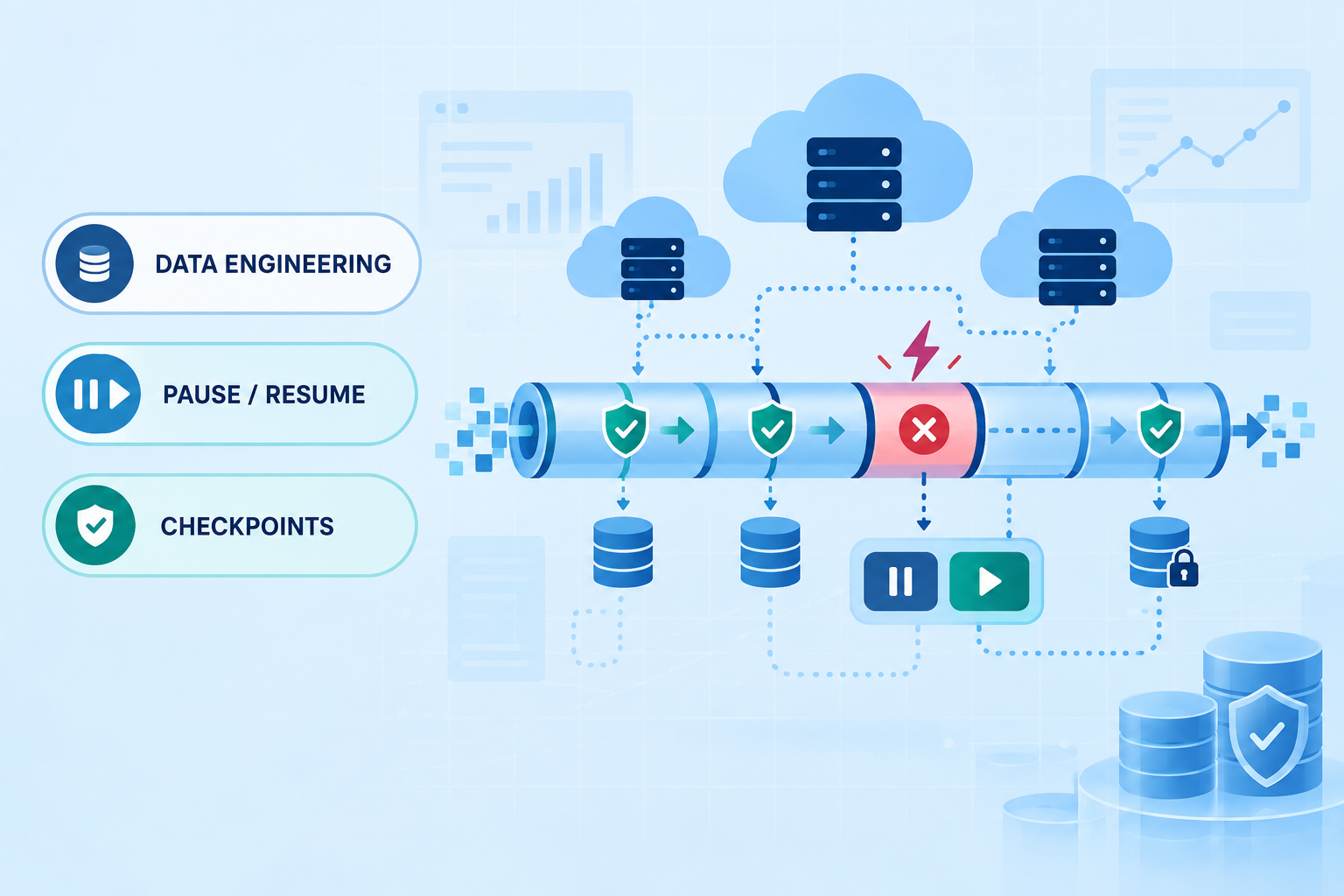 Resilient batch data pipeline using pause, resume, and checkpoints