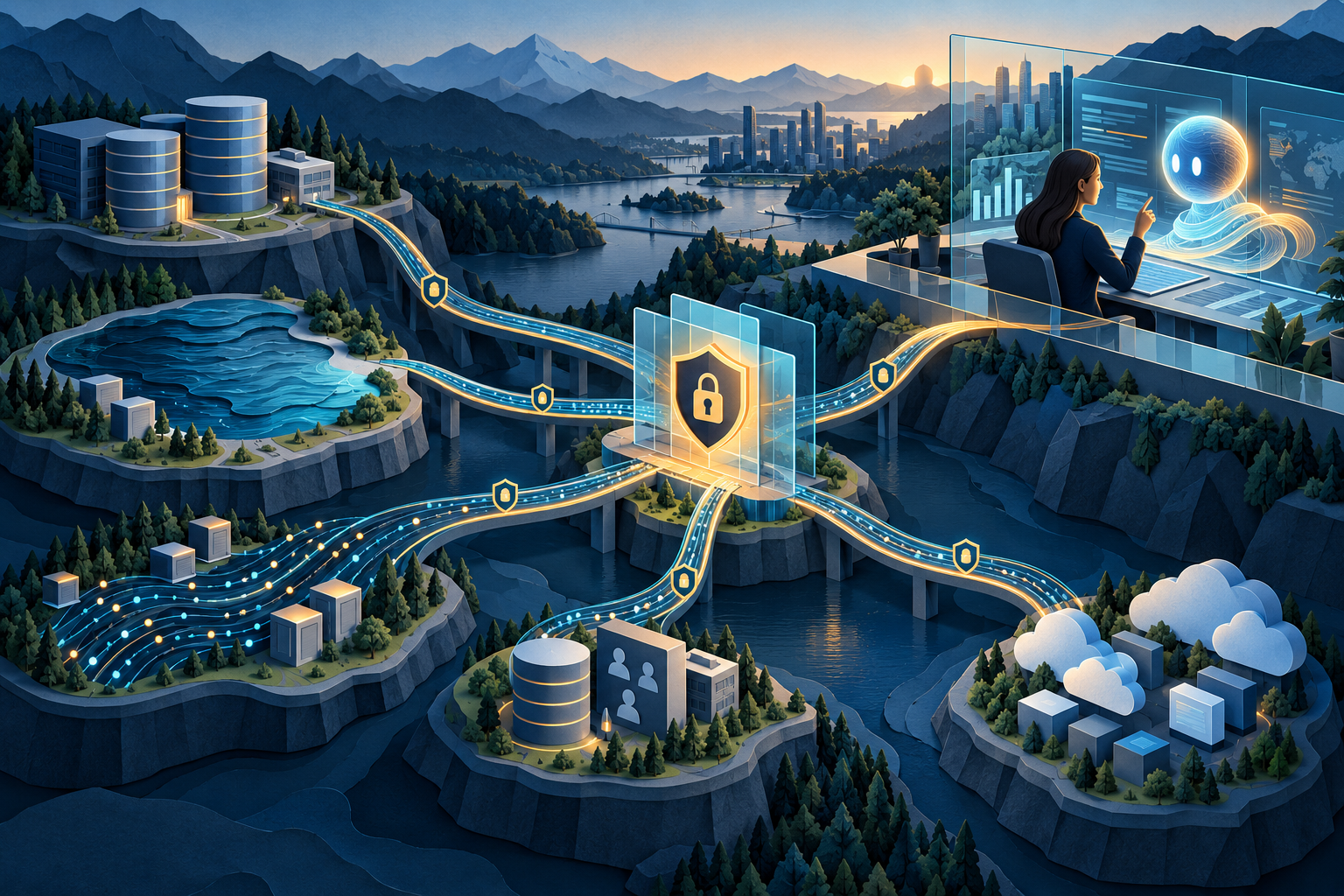 Federated enterprise data systems connected to an AI agent through a governed gateway
