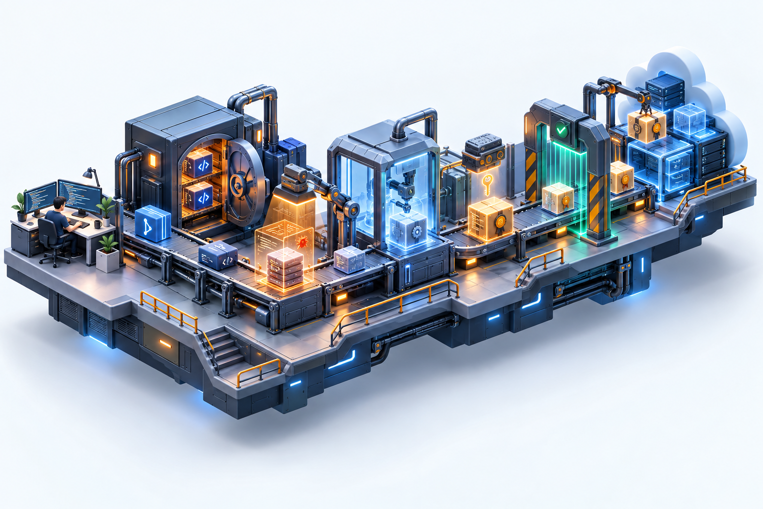 Isometric secure CI/CD software supply chain with isolated build, inspection, signing, and deployment stages
