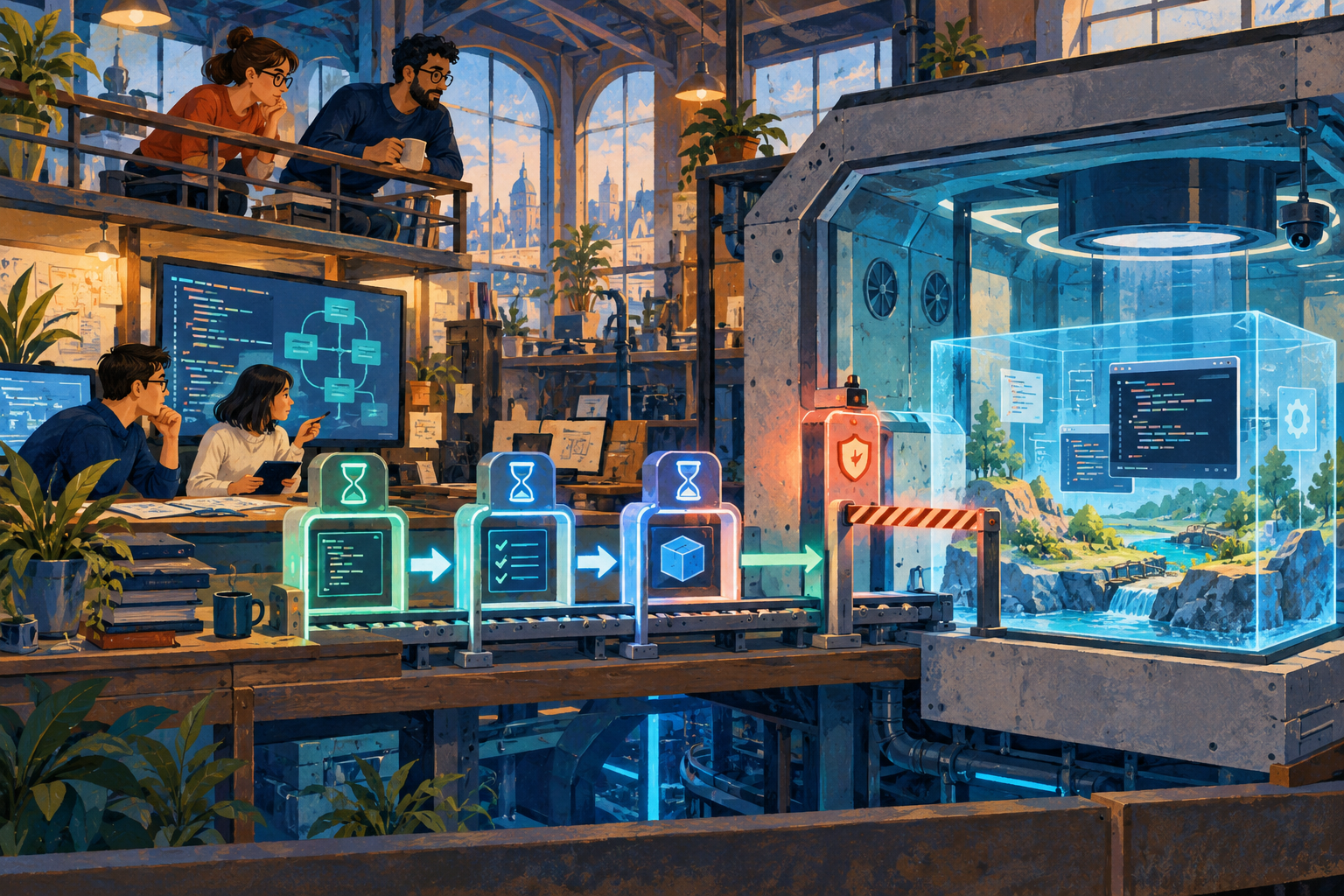 Let Agents Run Code—But Only Inside a Sandbox That Remembers What They Did AI-generated code moving through timed policy gates into an isolated transparent sandbox