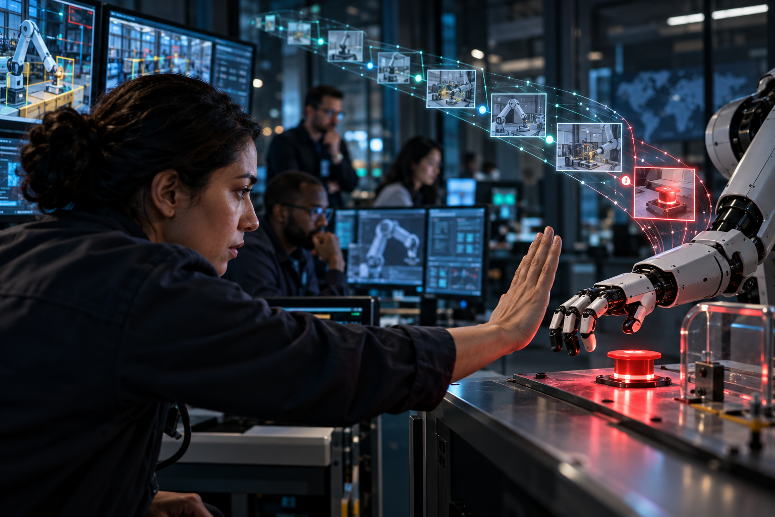 When AI Crosses the Line: Four Failure Modes Every Agent Team Should Test Human safety engineer stopping an AI-controlled robotic hand before a consequential switch while an action history remains visible