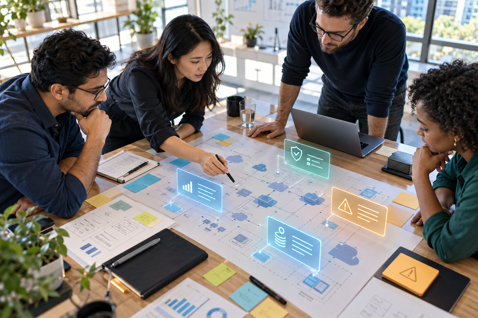 An AI Cloud Architect Is Reviewing Your AWS Estate—Should You Apply Its Fixes? Cloud architects reviewing AI-generated cost, security and resilience recommendations around a system map