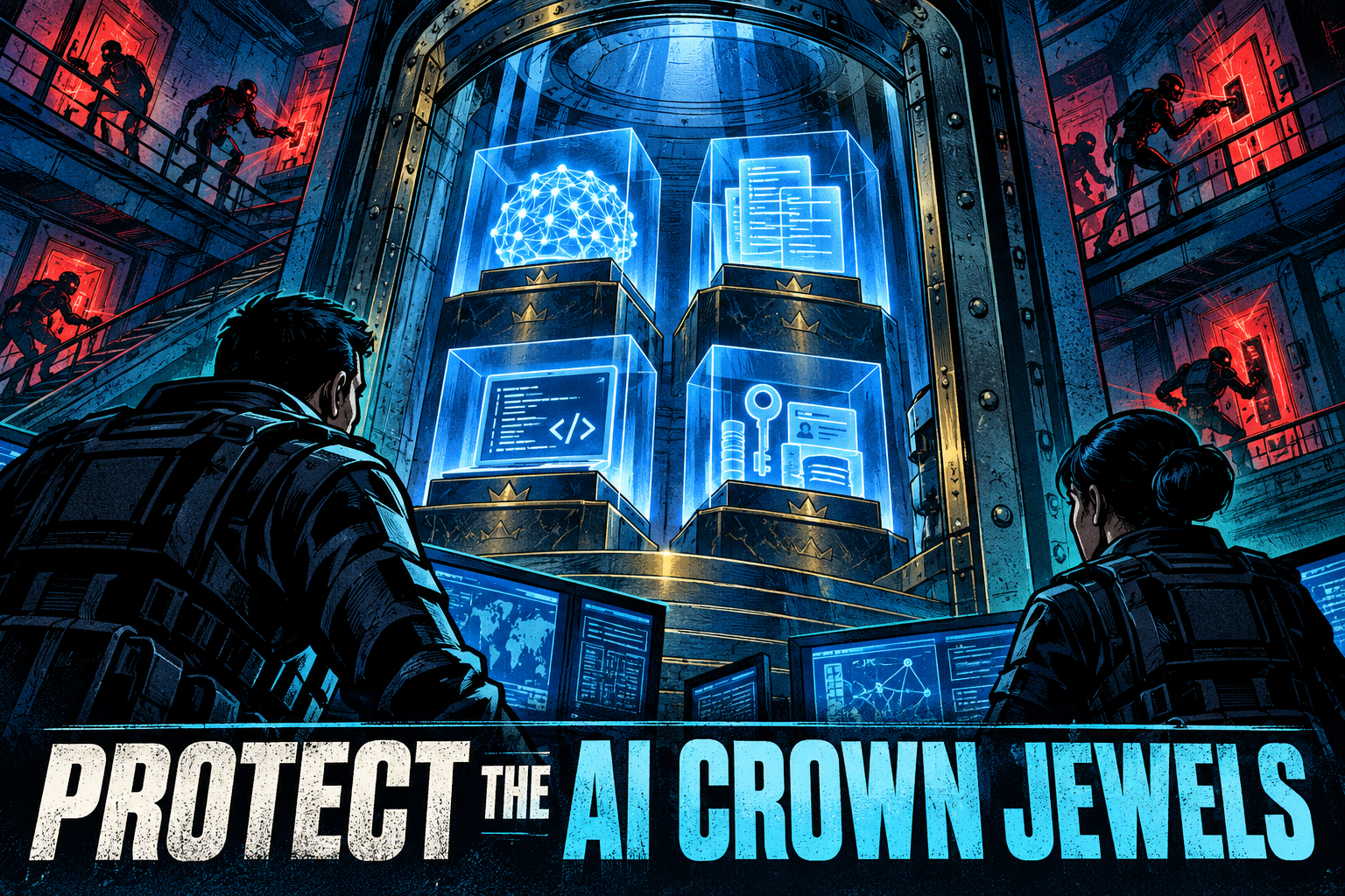 Security defenders protecting model, code, prompt and credential assets inside a digital vault