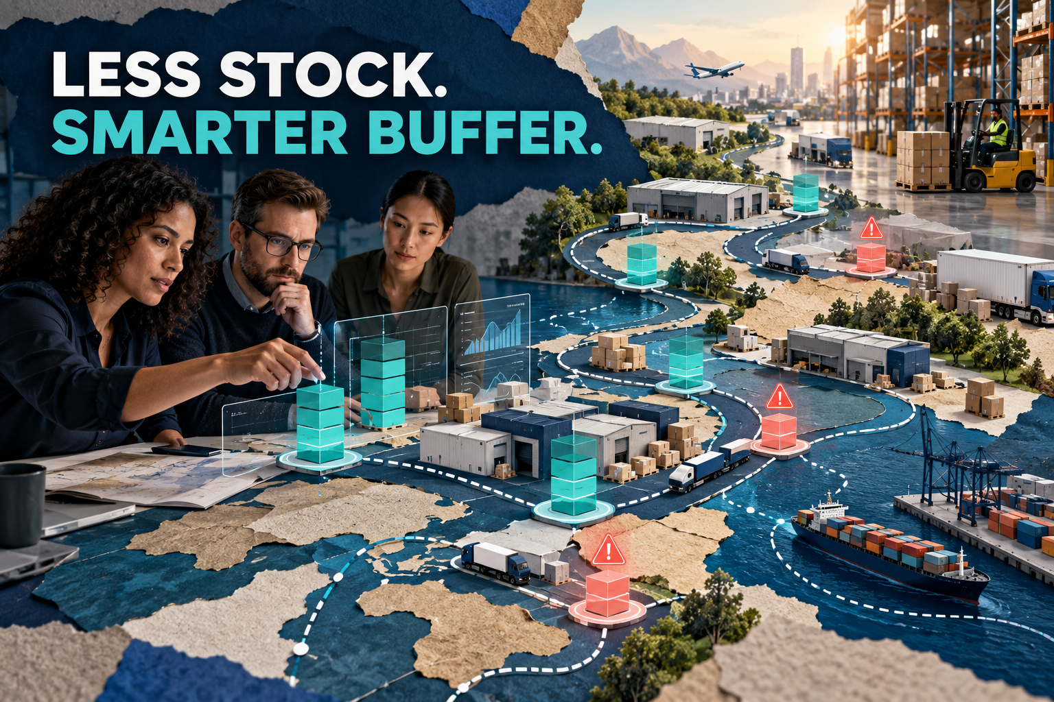 Less Stock, Smarter Buffer: Using AI to Explain Safety-Stock Decisions Supply chain planners adjusting inventory buffers across a warehouse and transport network