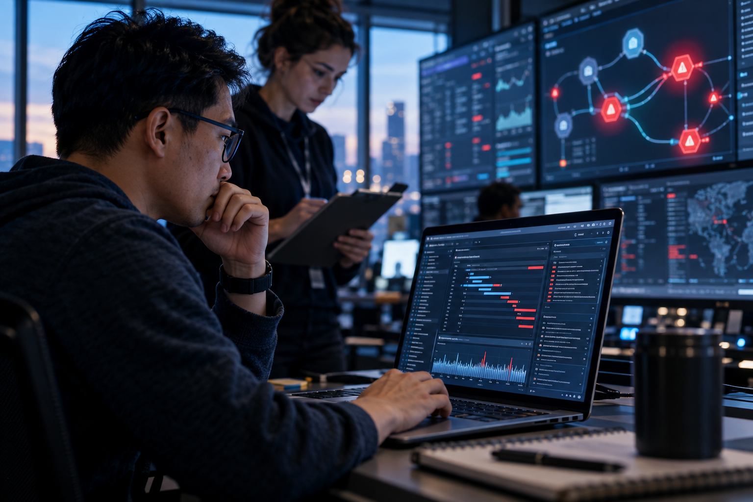 Cloud operations engineers using AI-assisted correlation to diagnose a serverless incident
