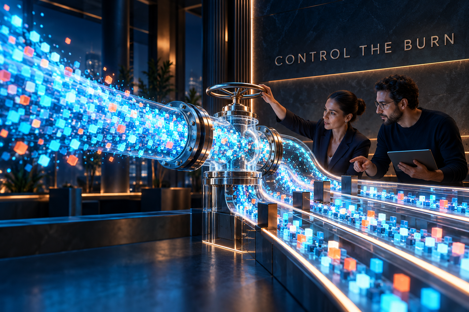 Finance and AI leaders controlling a luminous stream of AI usage through a transparent cost valve