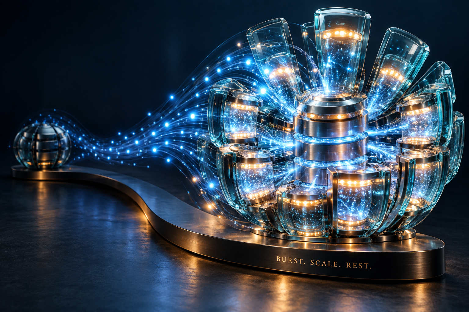 Glass database sculpture expanding for a burst of AI requests and collapsing to an idle state