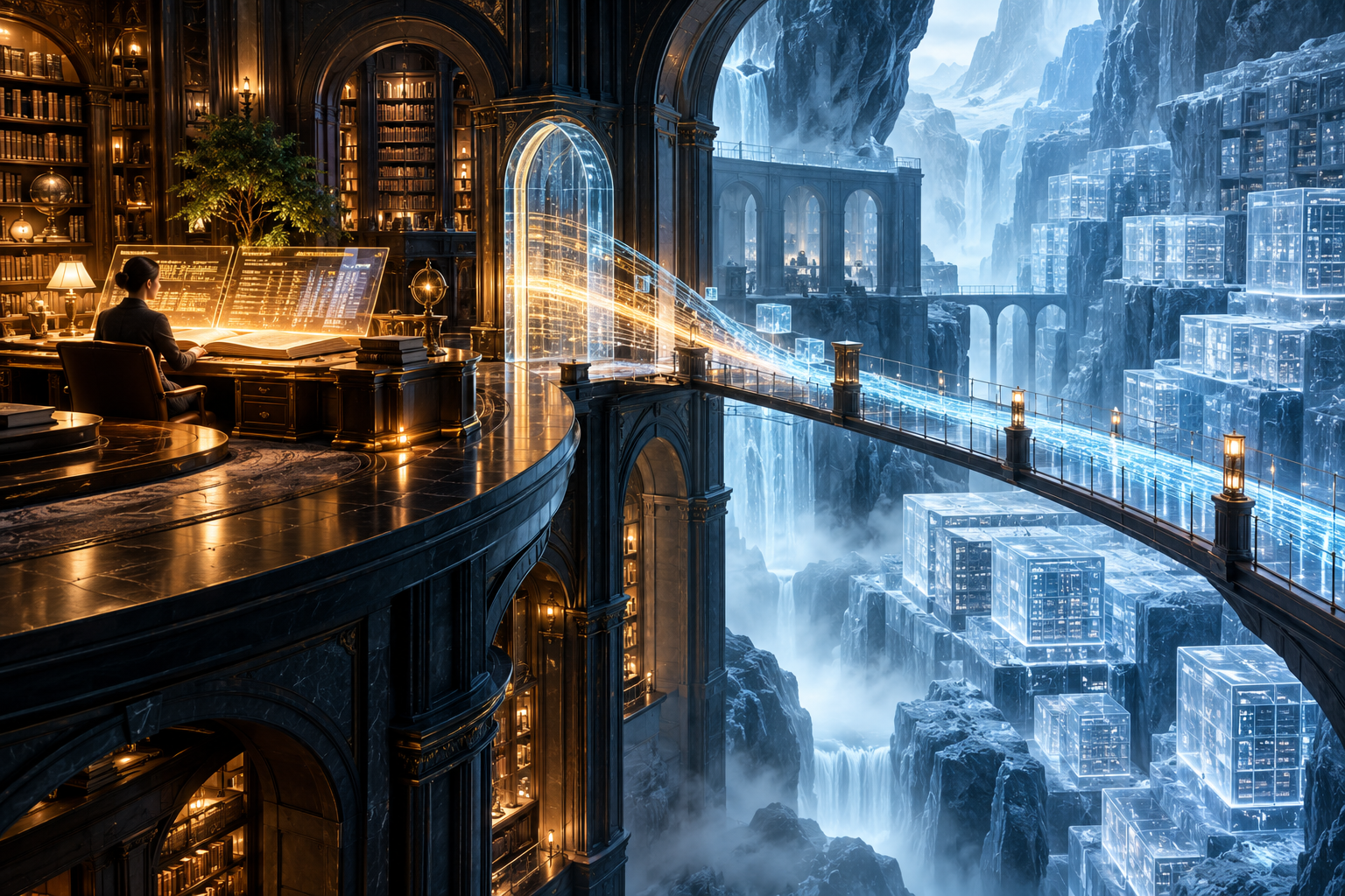 A live operational ledger connected by a glowing bridge to a frozen historical data archive