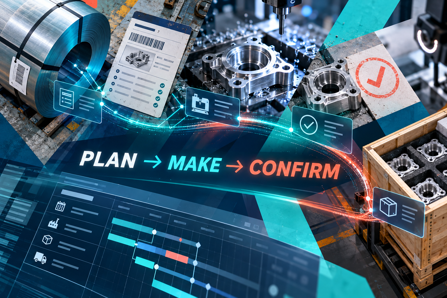 Editorial factory collage illustrating the plan, make, and confirm production event lifecycle between ERP and operations
