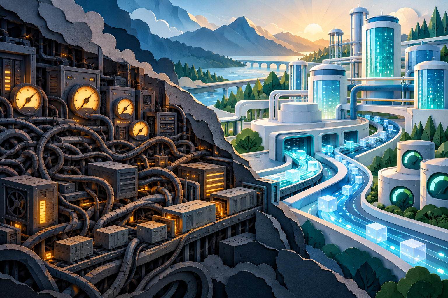 Upgrade the Data Pipeline, Not the Bill: A Practical AWS Glue 6.0 Migration Playbook Layered paper-cut scene contrasting a tangled legacy data pipeline with a clean modern data refinery