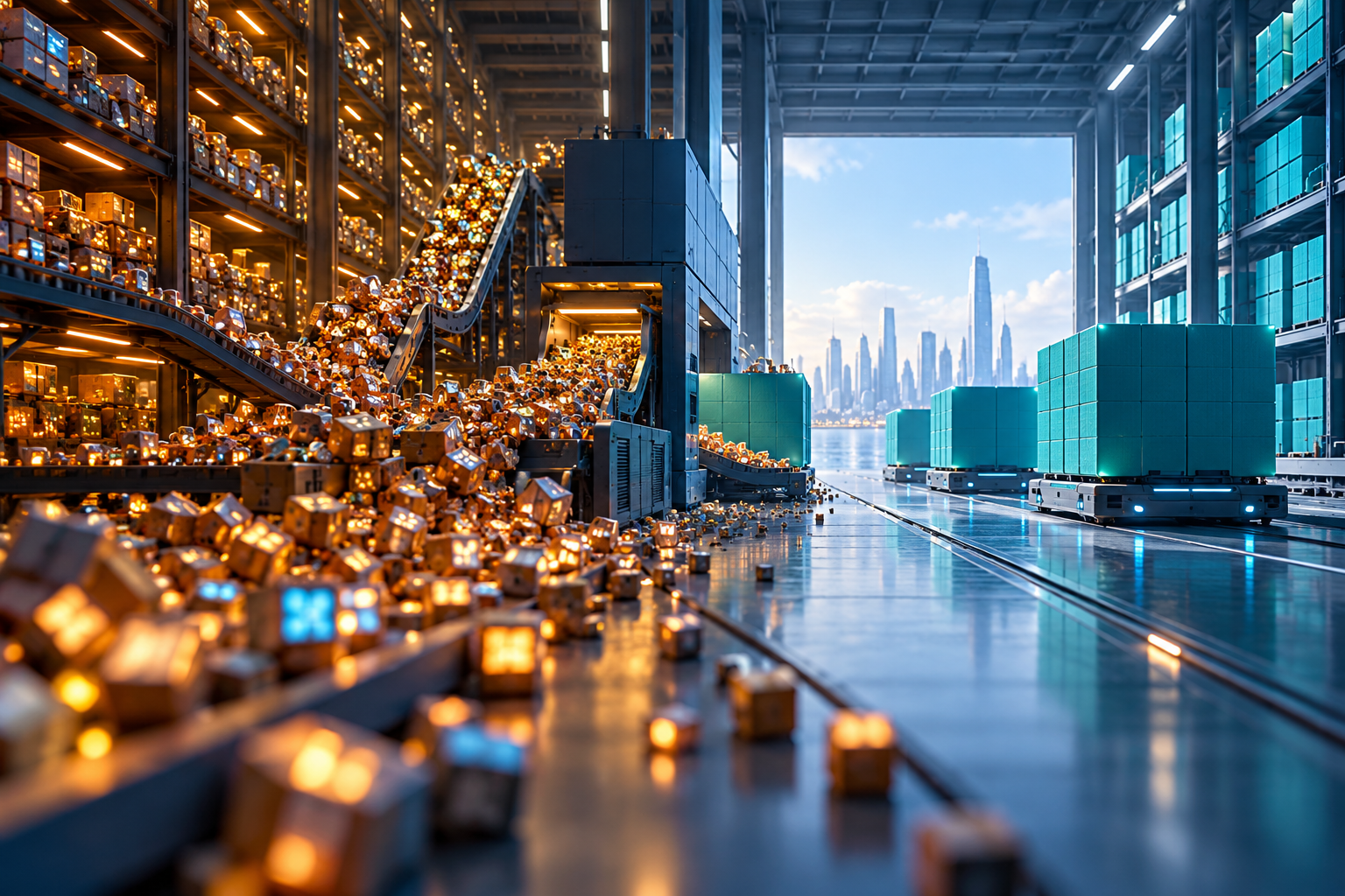 A cluttered data warehouse of tiny glowing parcels being consolidated into efficient teal blocks
