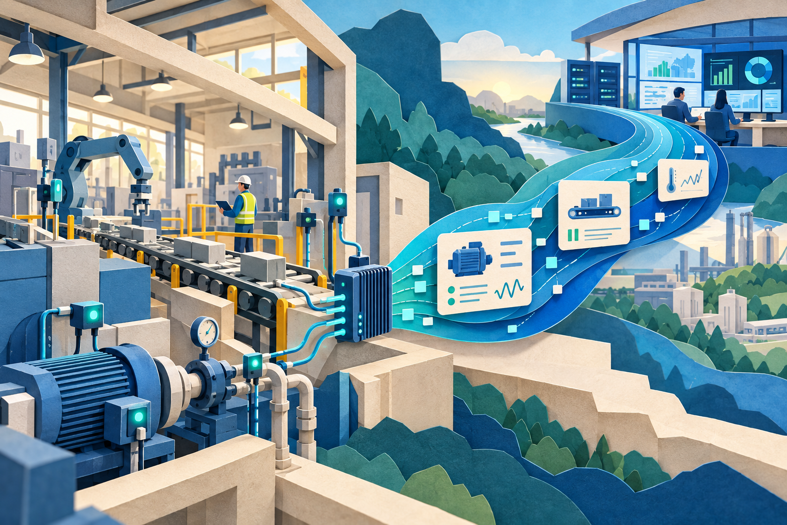 Layered factory landscape showing IoT machine signals becoming contextualized industrial data streams