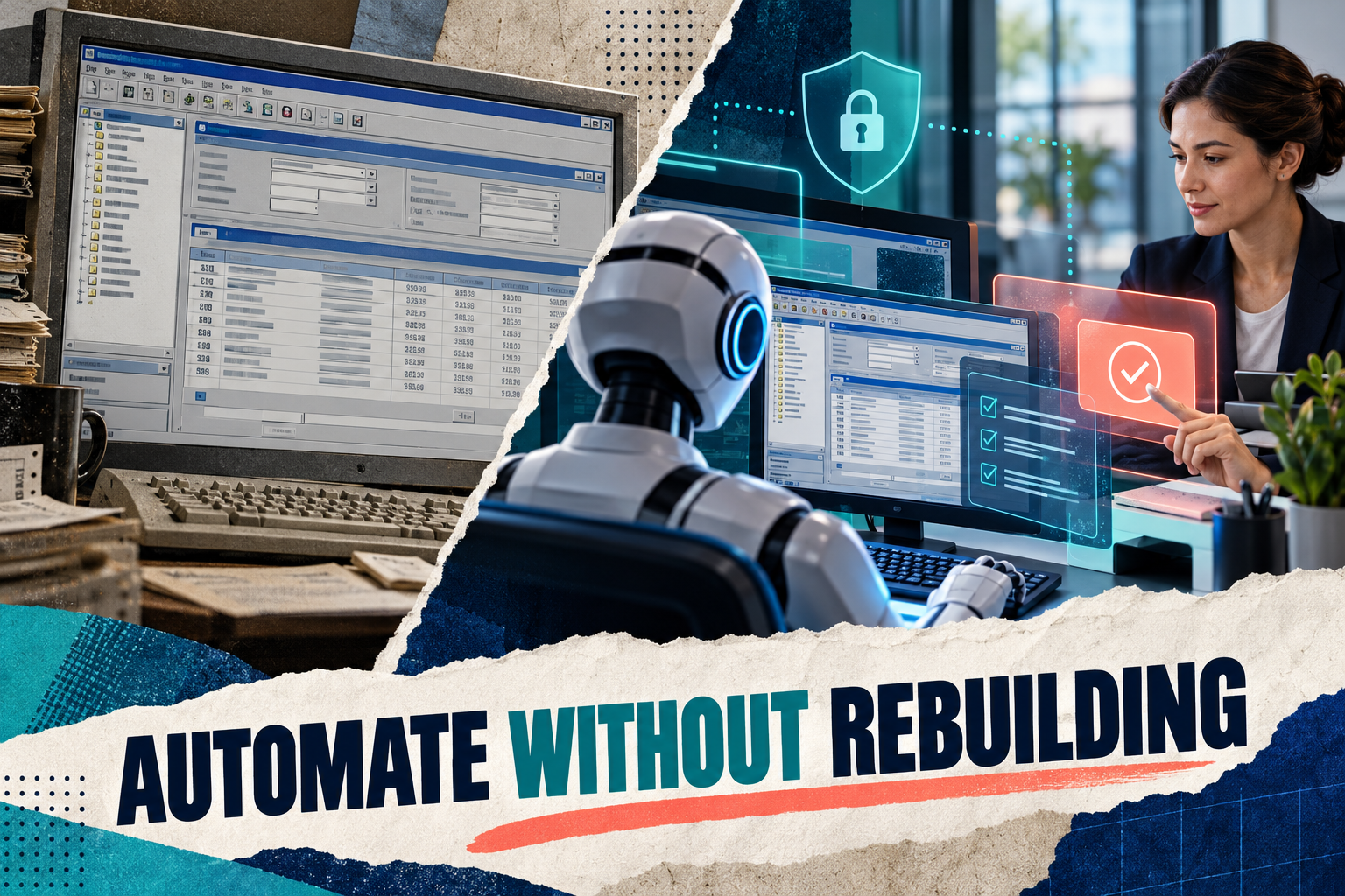 Automate Without Rebuilding: Can AI Agents Safely Operate Legacy ERP Screens? AI agent operating a legacy ERP desktop while a finance professional approves a controlled action