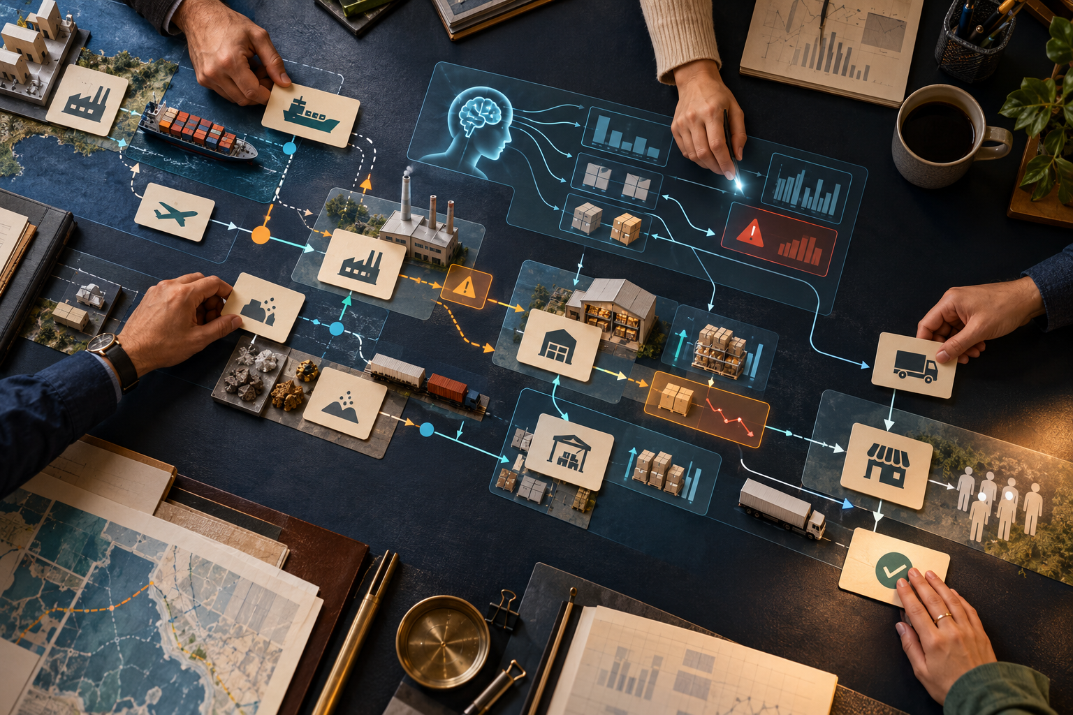 A Supplier Changes a Purchase Order—Who Feels It Next? Map the Impact Before ERP Automation Acts Top-down mixed-media supply-chain planning table where people review AI-highlighted downstream effects before approval