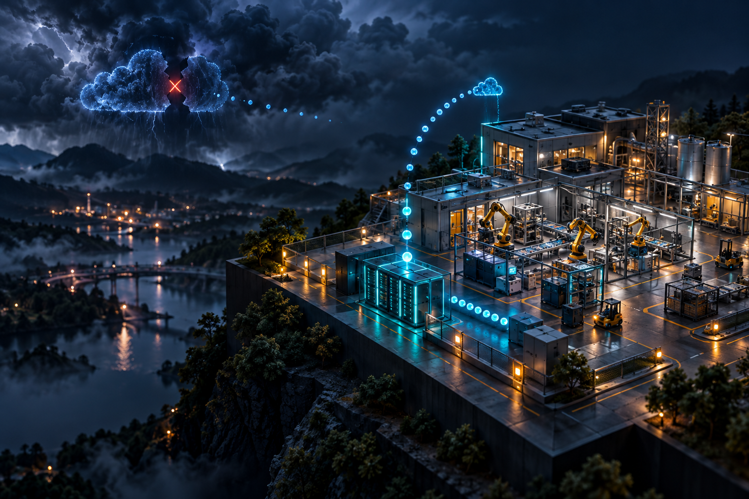 Night-shift factory operating on local edge computing while a storm interrupts its cloud connection