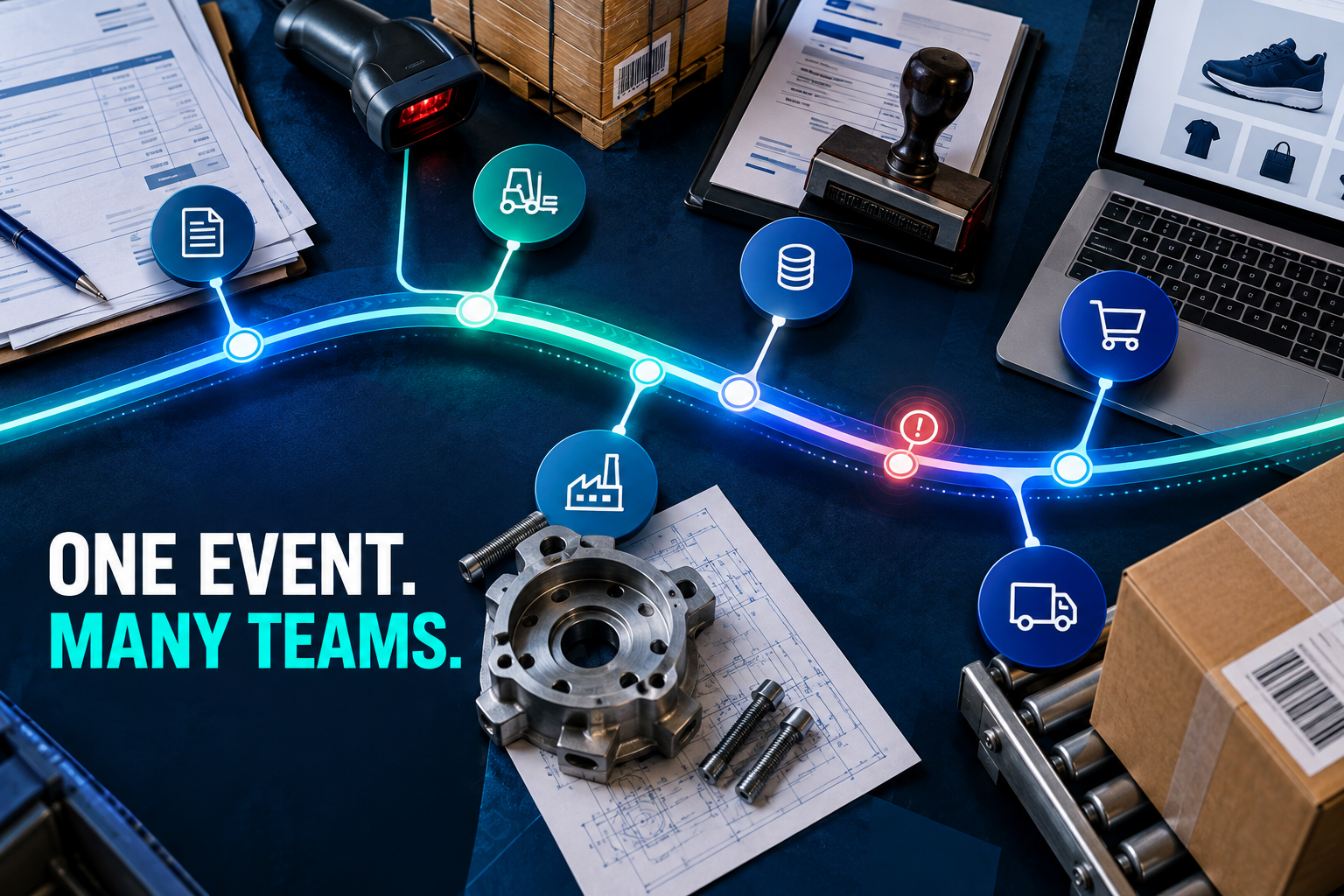 ERP, warehouse, ecommerce and plant objects connected through one governed event rail with subscriber gates